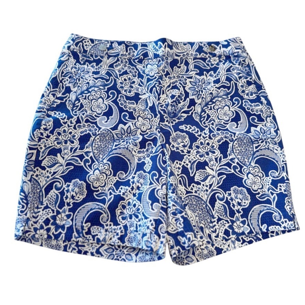 Rafaella Womens Blue White Paisley Floral Stretch Shorts Size 12 Flat Front